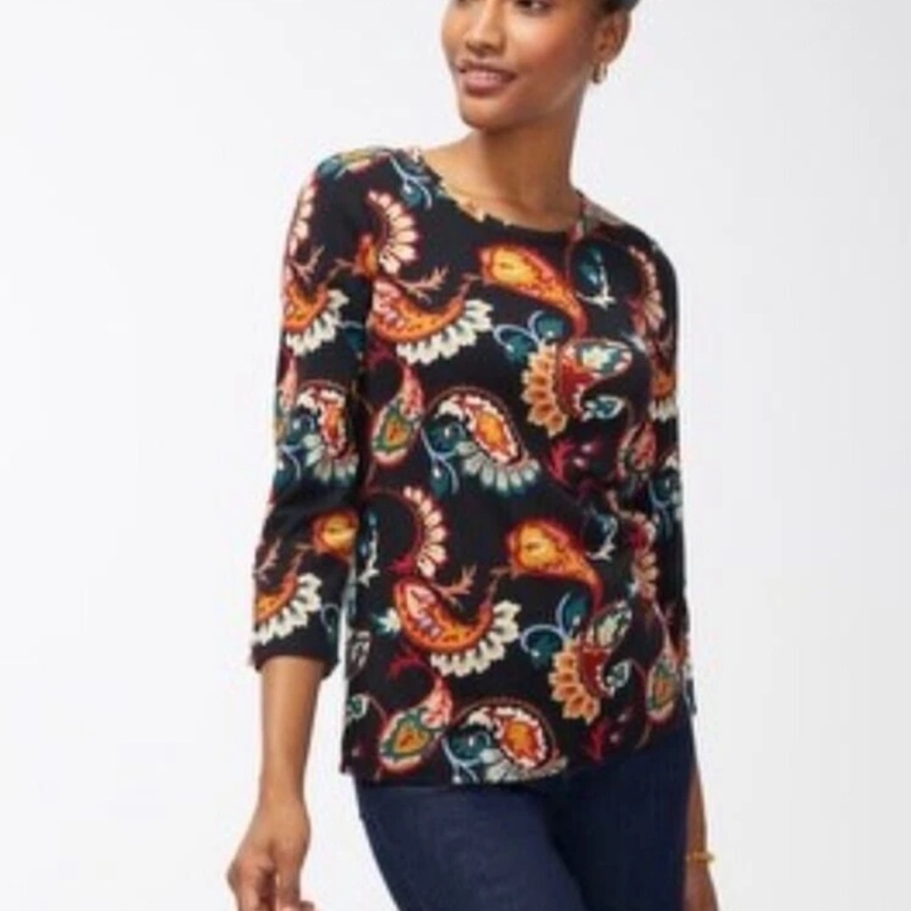 Chico's Woman's Paisley Puff Sleeve Tee Top Long Sleeve Size 0 Small NWT - Picture 2 of 11